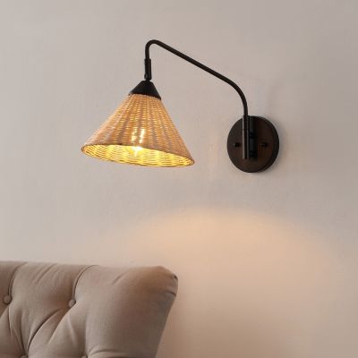 Kiawah 11" 1-Light Vintage Coastal Rattan/Metal Swing Arm LED Sconce, Black/Natural