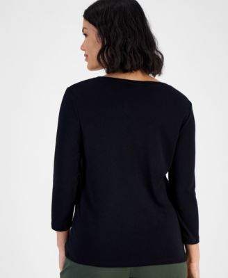 Petite Cotton Knit Henley 3/4-Sleeve Top, Created for Macy's
