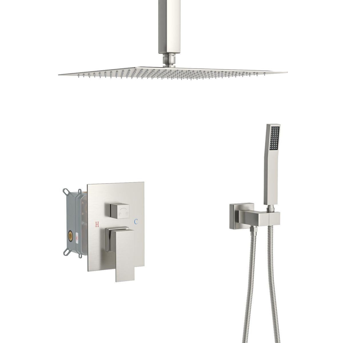 Ceiling Shower Set - 12 Inch Square Shower Set, Dual Shower Heads, Brushed Nickel - Brushed nickel