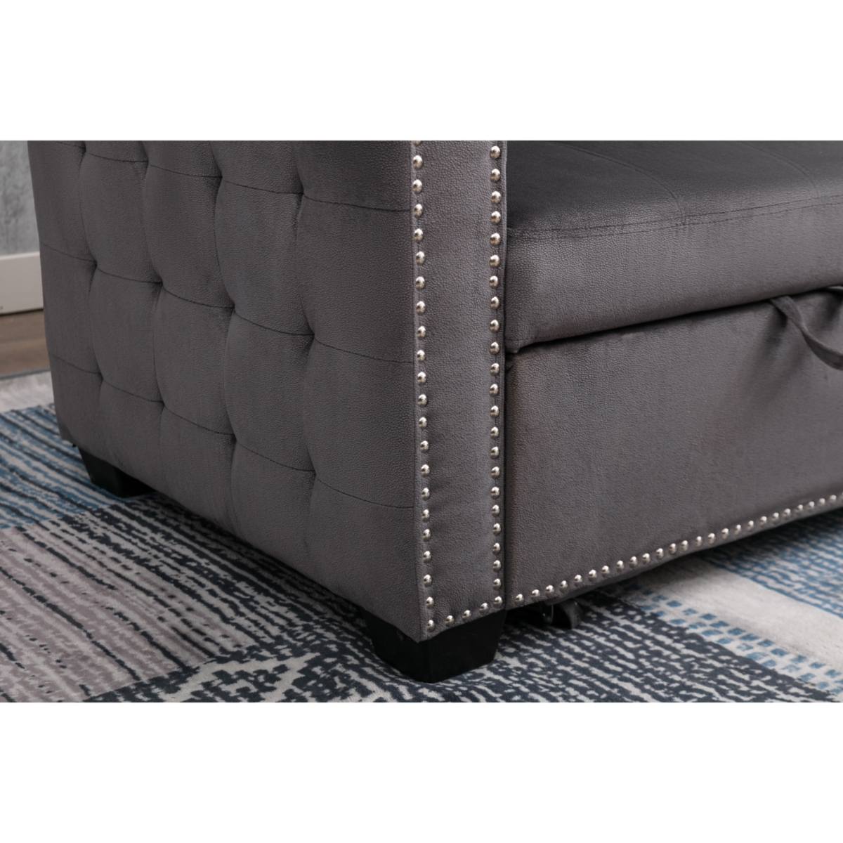 L-Shaped Velvet Sectional Sleeper Sofa, Dark Grey