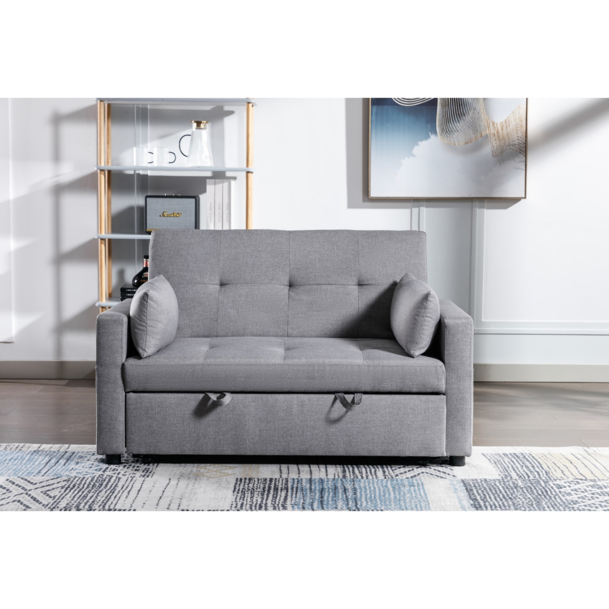 Streamdale FurnitureLinen Fabric 3-In-1 Convertible Sleeper Loveseat With Side Pocket - Light grey