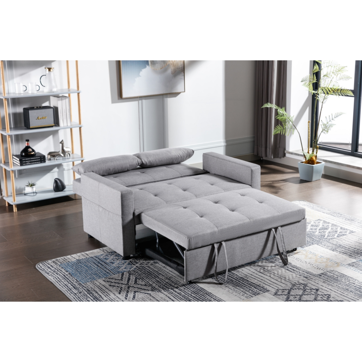 Streamdale FurnitureLinen Fabric 3-In-1 Convertible Sleeper Loveseat With Side Pocket - Light grey