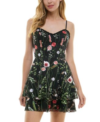 City Studios - Juniors' Sweetheart-Neck Fit & Flare Floral-Embroidered Dress