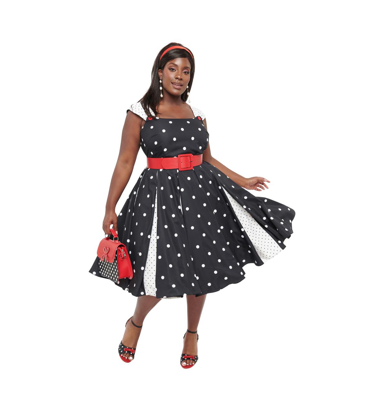 Unique Vintage Plus Size Square Neck Sleeveless Godet Swing Dress - Black  white polka dot