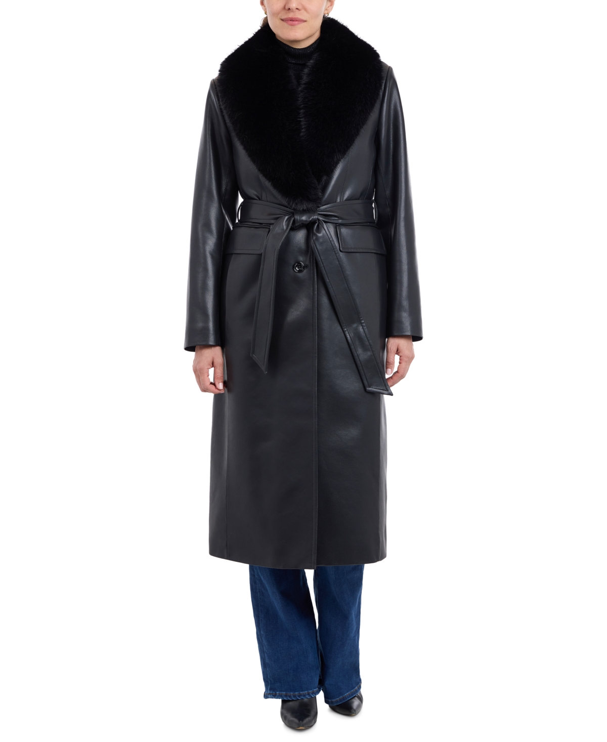 Michael Michael Kors Women's Faux-Fur-Trim Faux-Leather Trench Coat - Black