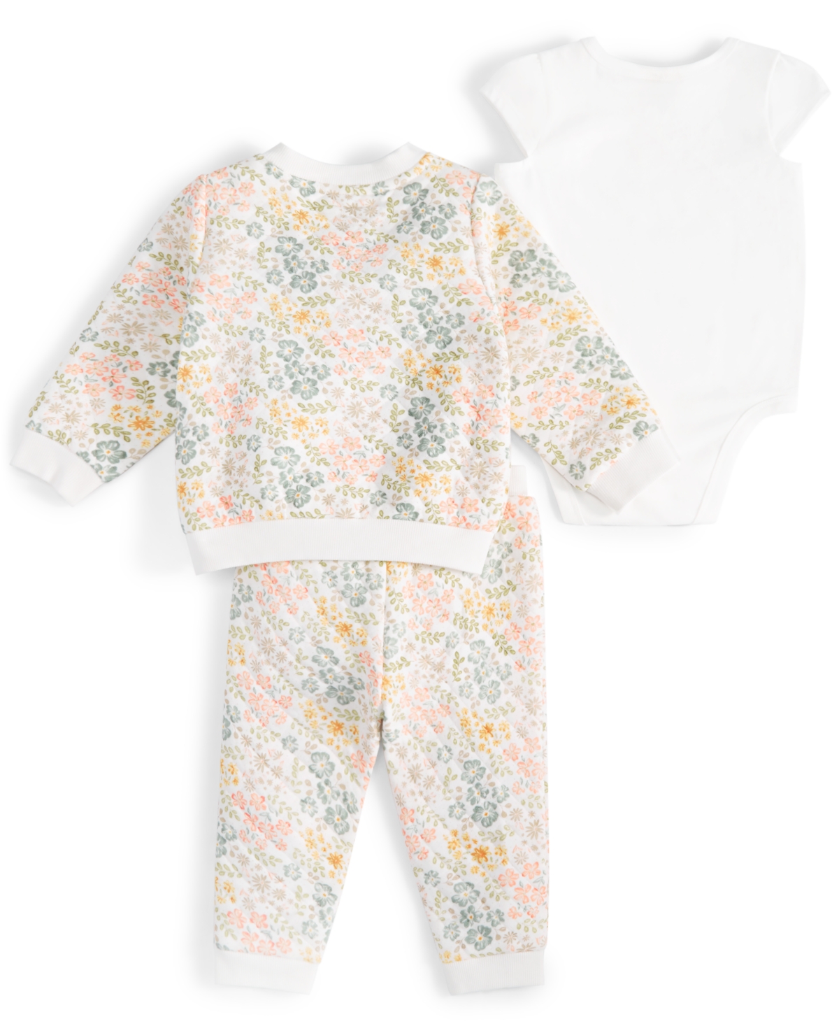 First Impressions Baby Girls 3-Pc. Bodysuit, Quilted Floral Jacket & Quilted Floral Joggers Set, Created for Macy's