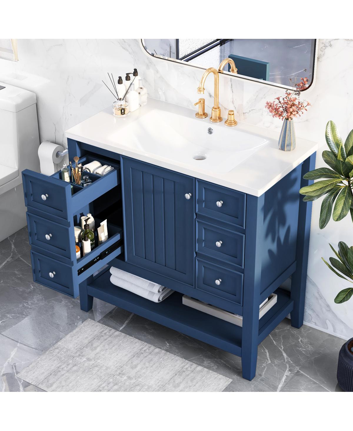 36" Bathroom Vanity With Sink Combo, One Cabinet And Three Drawers, Solid Wood And Mdf Board, Blue - Blue
