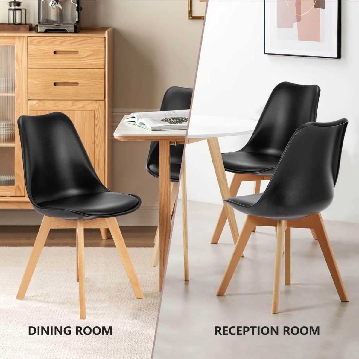 Streamdale Furniture Pu Leather Upholstered Dining Chairs With Wood Legs, Set Of 4 For Kitchen,- Black