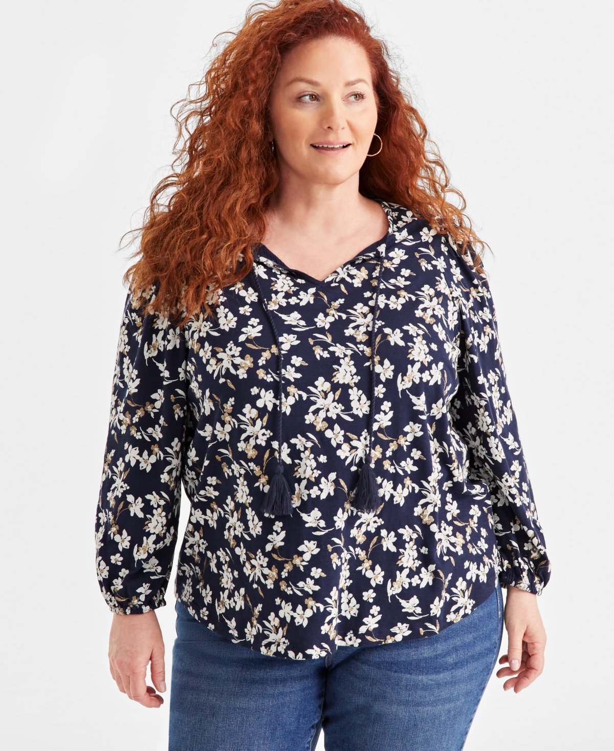 STYLE & CO PLUS SIZE PRINTED TASSEL-TIE LONG-SLEEVE BLOUSE, CREATED FOR MACY'S 