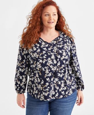 売れ筋商品|||スタイルアンドコー カットソー トップス レディース Plus Size Printed Tassel-Tie Long-Sleeve Blouse, Created for Macy's Floral Red Style & Co Plus Size Printed Tassel-Tie Long-Sleeve Blouse