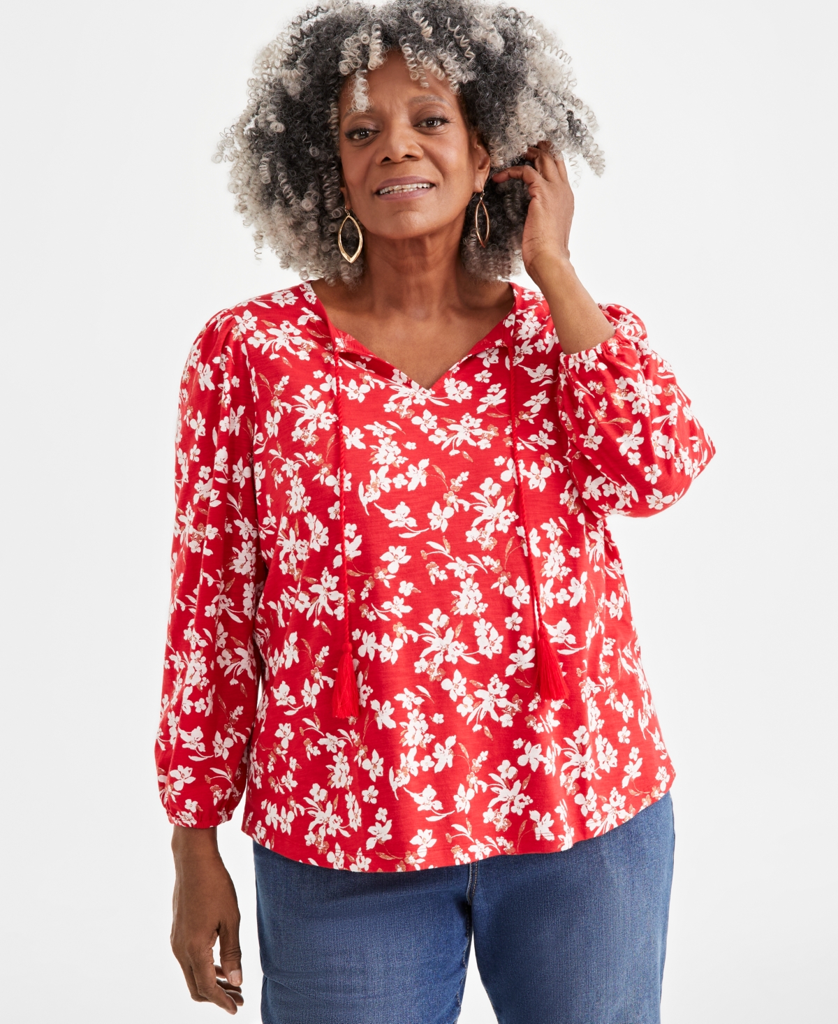 Plus Size Printed Tassel-Tie Long-Sleeve Blouse, Created for Macy's - Floral Red