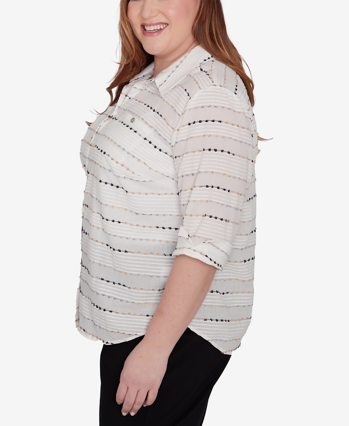Alfred Dunner Plus Size Classic Biadere Button Front Top With Front Pockets