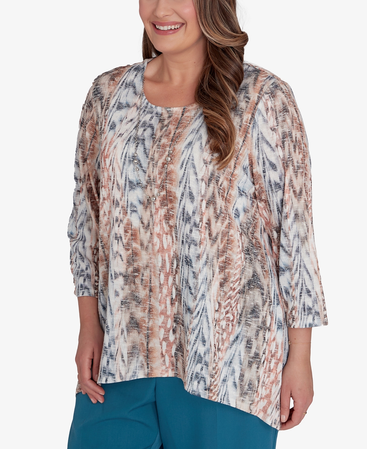 Alfred Dunner Plus Size Classic Vertical Animal Print Top With Necklace