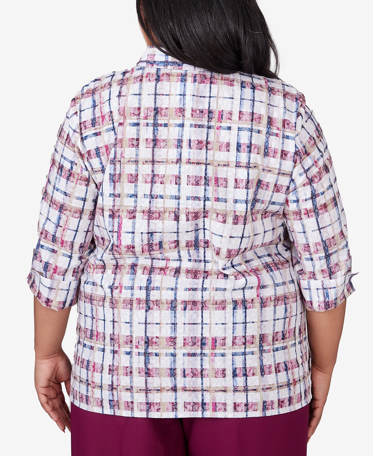 Alfred Dunner Plus Size Classic Plaid Cuffed Sleeve Button Front Top