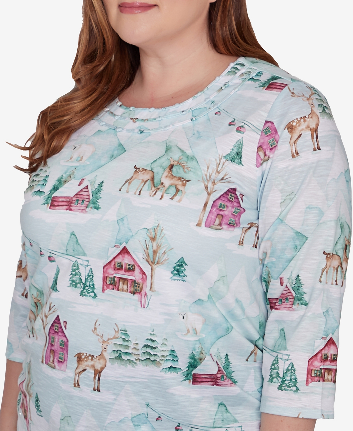 Alfred Dunner Plus Size Classic Triple Notch Neck Deer Village Top In Multi Green