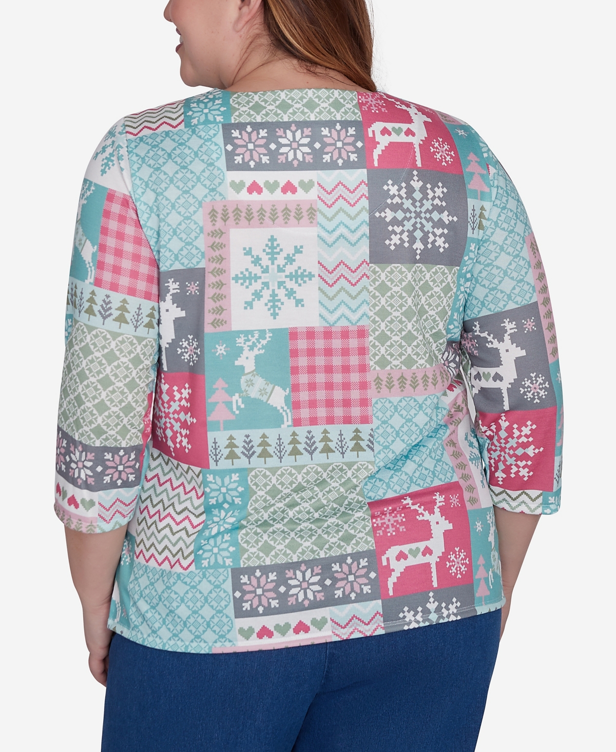 Alfred Dunner Plus Size Classic Reindeer Patch Work Top In Multi Green