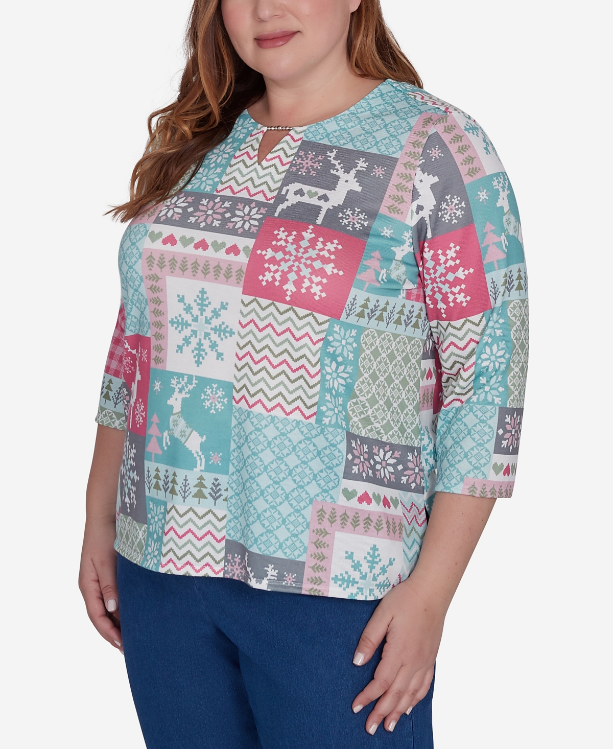 Alfred Dunner Plus Size Classic Reindeer Patch Work Top In Multi Green