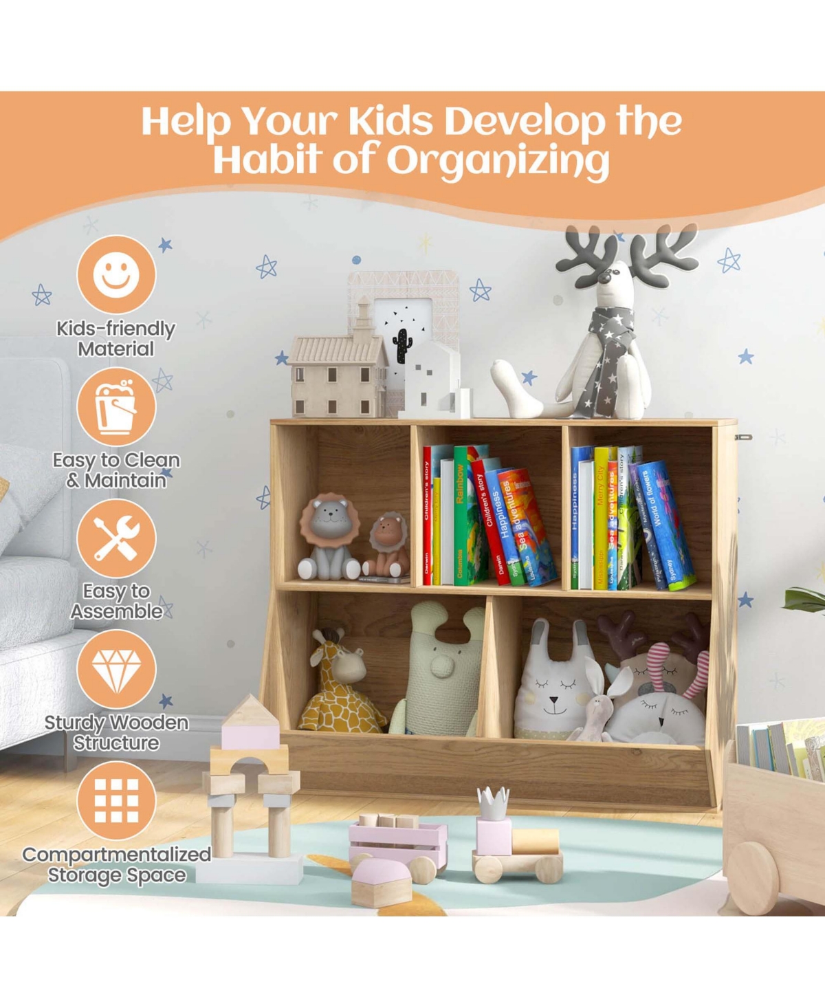 5-Cubby Kids Toy Storage Organizer Wooden Bookshelf Display Cabinet