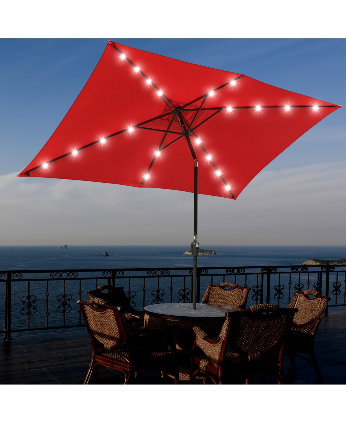10x6.5FT Rectangle Outdoor Solar Led Patio Umbrella with Crank Tilt for Table Market Yard Deck Pool Party Red - Red
