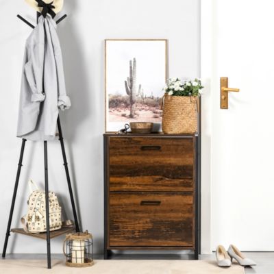 Rustic 2 Flip Door Shoe Cabinet with Divider and Open Shelf