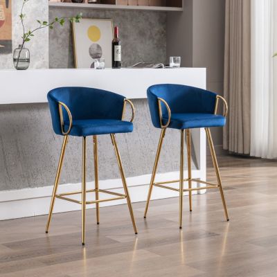 Streamdale Blue Velvet Bar Stools with Gold Legs (Set of 2