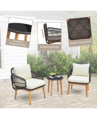 3 PCS Patio Furniture Set with Cushioned Chairs and Tempered Glass Side Table