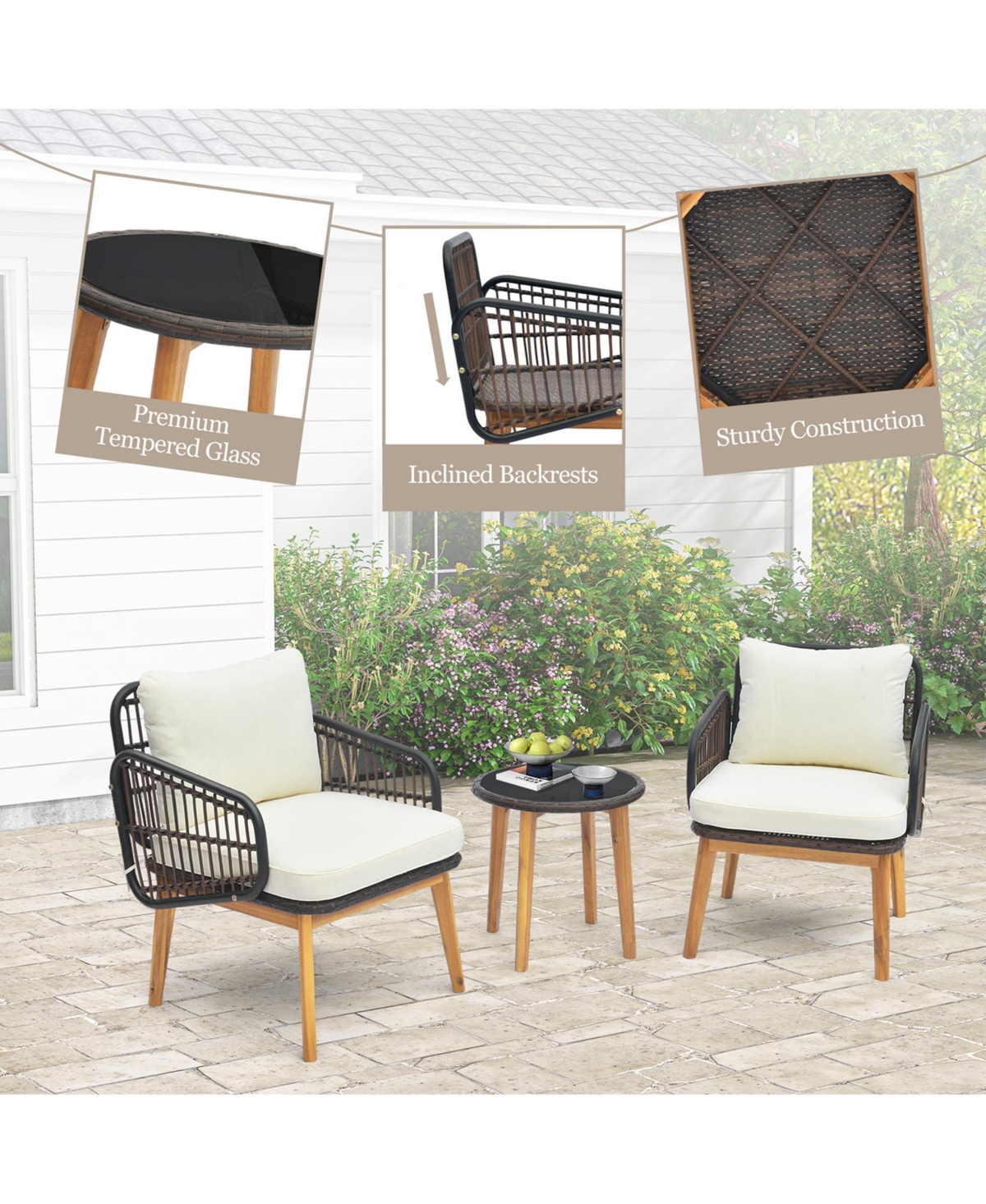 Costway 3 Pcs Patio Furniture Set with Cushioned Chairs and Tempered Glass Side Table