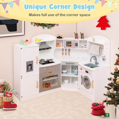 Corner Play Kitchen Toddler Kitchen Playset with Range Hood, Ice Maker, Microwave