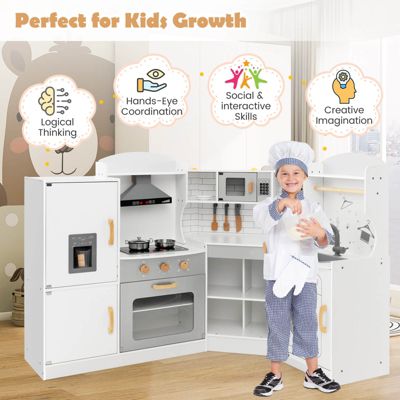 Corner Play Kitchen Toddler Kitchen Playset with Range Hood, Ice Maker, Microwave