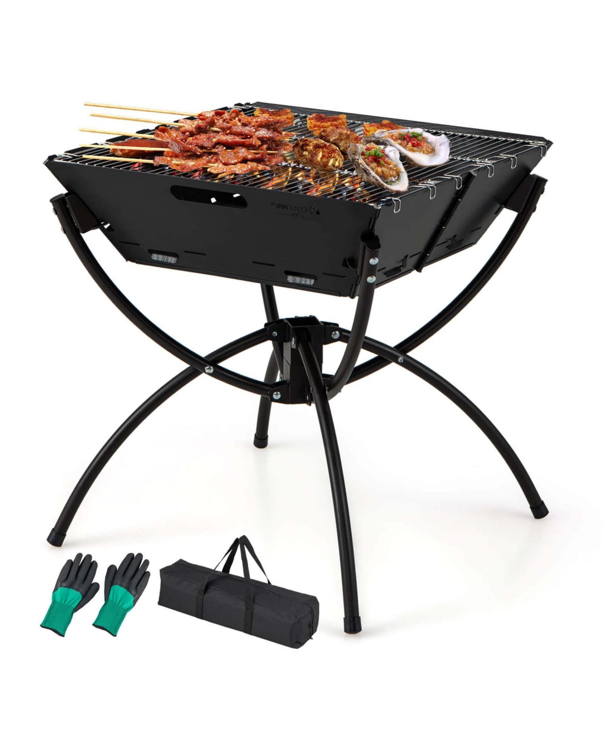 3-in-1 Portable Charcoal Grill Folding Camping Fire Pit with Carrying Bag & Gloves - Silver