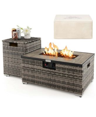 32"x 20" Propane Rattan Fire Pit Table Set with Side Table Tank and Cover 40,000 BTU