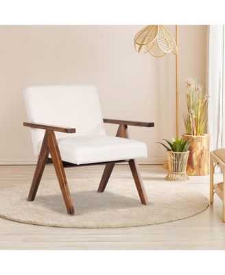 1 PCS Modern Accent Chair Linen Fabric Armchair with Solid Acacia Wood Frame