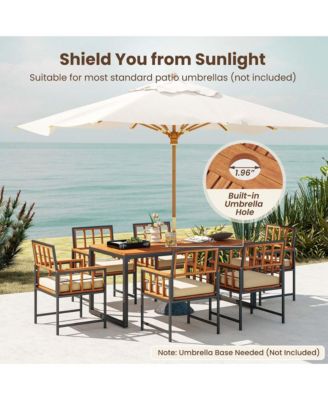 7 PCS Patio Dining Set Outdoor Acacia Wood Table with Soft Cushions Umbrella Hole