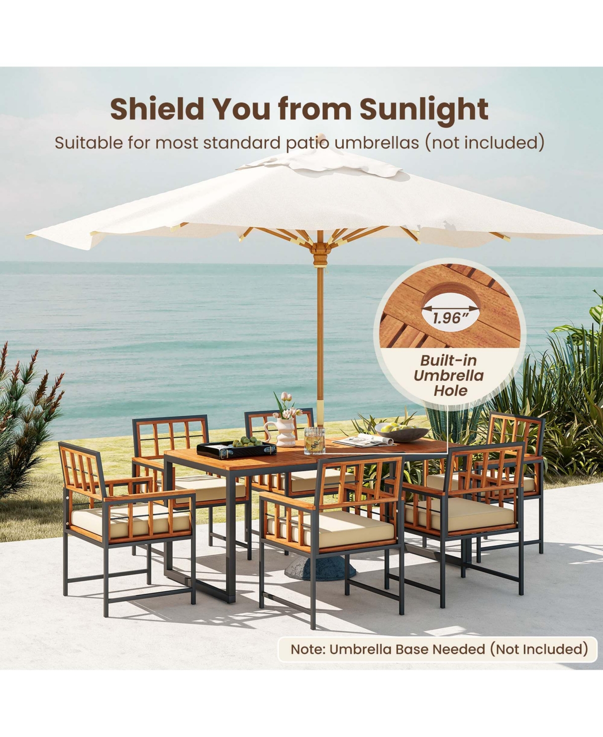 Costway 7 Pcs Patio Dining Set Outdoor Acacia Wood Table with Soft Cushions Umbrella Hole