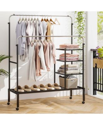 Rolling Clothes Drying Rack Double Rods Garment Rack with Height Adjustables