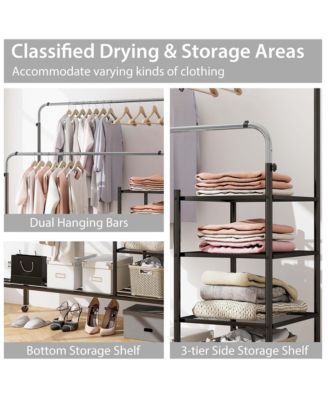 Rolling Clothes Drying Rack Double Rods Garment Rack with Height Adjustables