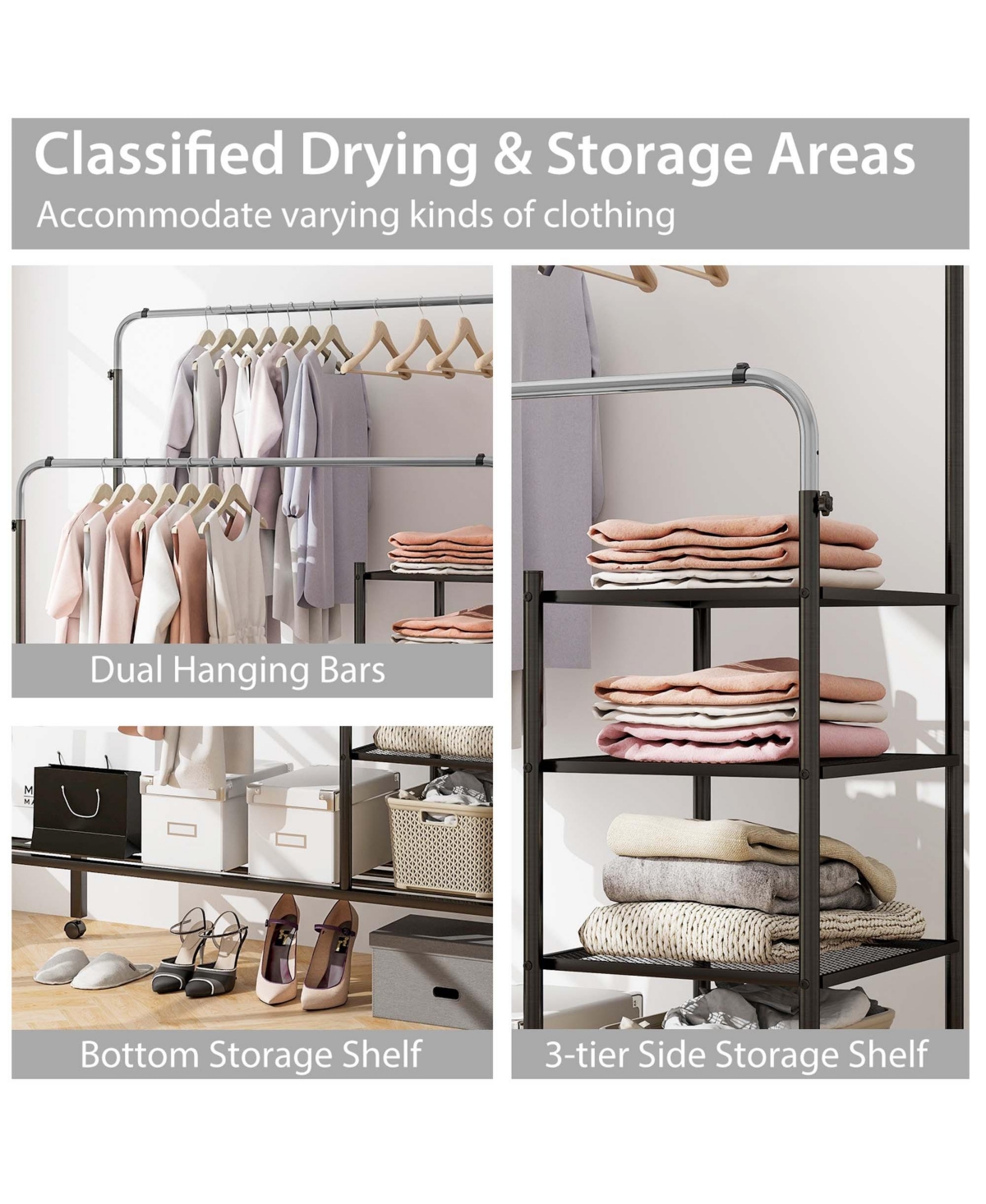 Costway Rolling Clothes Drying Rack Double Rods Garment Rack with Height Adjustables