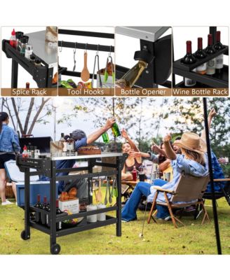 Movable Outdoor Dining Cart Table with Stainless Steel Tabletop, Seasoning Tray