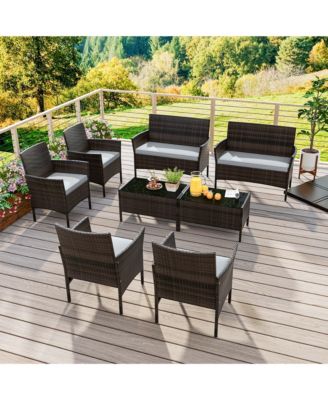 8 PCS Patio Furniture Set with Washable Cushions and Tempered Glass Coffee Table