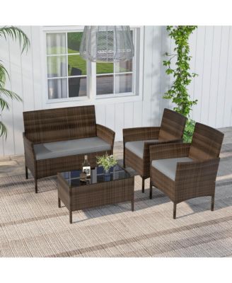 4 Pc. Patio Furniture Set with Washable Cushions and Tempered Glass Coffee Table