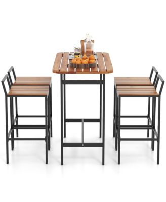 5 PCS Acacia Wood Bar Table Set Outdoor Bar Height Table & Chairs