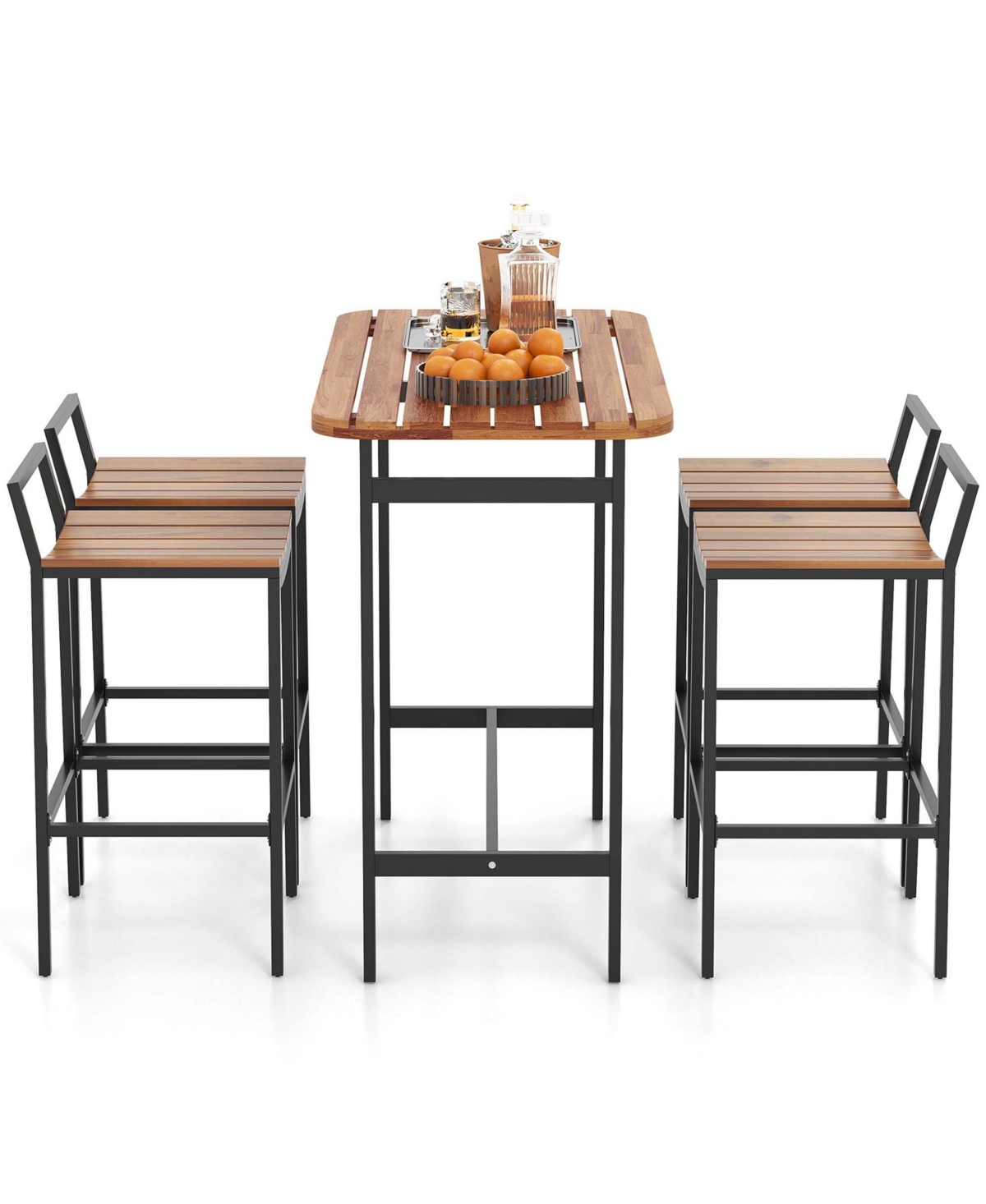 Costway 5 Pcs Acacia Wood Bar Table Set Outdoor Bar Height Table & Chairs