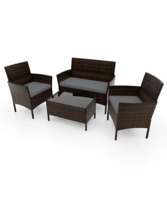 4 Pc. Patio Furniture Set with Washable Cushions and Tempered Glass Coffee Table