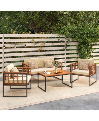 4 PCS Acacia Wood Outdoor Sofa Set with Heavy Duty Metal Frame Soft Seat