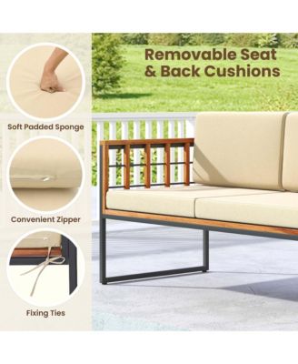 4 PCS Acacia Wood Outdoor Sofa Set with Heavy Duty Metal Frame Soft Seat