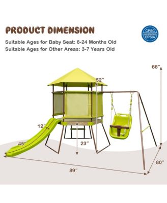 4-in-1 Swing Set with Covered Playhouse Fort Height Adjustable Baby Seat Slide