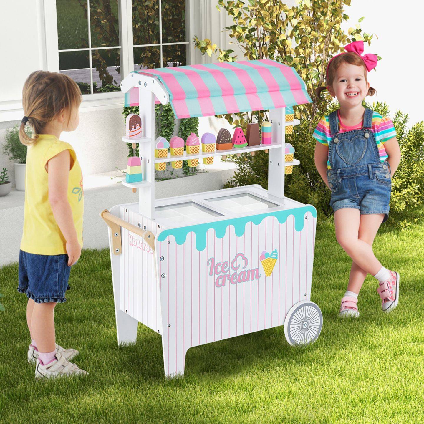 Детские игрушки Costway Kid's Ice Cream Cart Food Trunk Play Toy Set with Display Rack, цвет: Розовый — фото 2