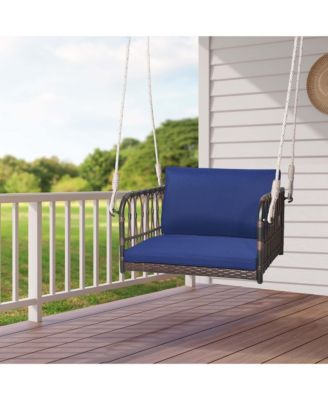 Porch Swing Chair Rattan Woven Hanging Bench Seat with Cushions Hooks Balcony Navy
