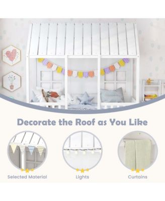 Twin Size House Bed with Trundle Fence Decor Wooden Windows Tall Roof