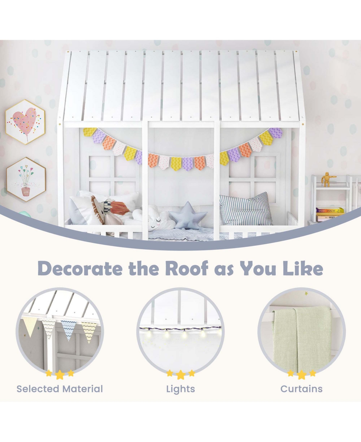 Twin Size House Bed with Trundle Fence Decor Wooden Windows Tall Roof